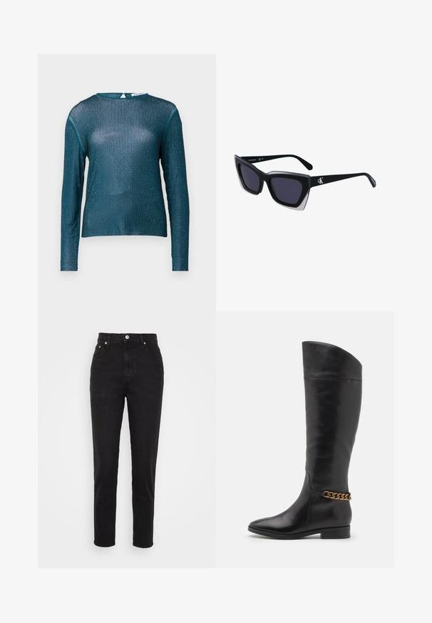 Teal long-sleeve top made of sheer mesh with a grid pattern. Features a round neckline and back closure, embellished with subtle sparkle.; Black high-waist slim-fit jeans with front button, belt loops, and five-pocket design on white background.; Tall black leather boots with a sleek design, pointed toe, and a gold chain accent at the ankle. Low block heel. Smooth texture.; Black oversized sunglasses with a geometric shape, featuring dark lenses and a contrasting grey detail on the frame. Logo on the arm.; Silver hoop earrings with a smooth, shiny finish. Rounded shape, lightweight design, featuring a post-back closure.