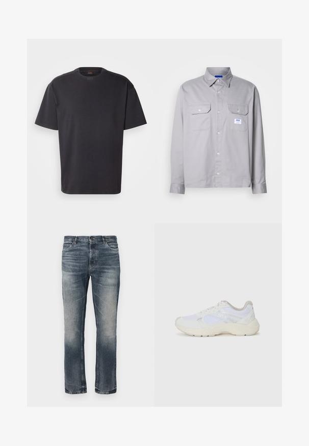 Melnas, īsām piedurknēm T-kreklis izgatavots no kokvilnas, ar apaļu kakla izgriezumu un diskrētu zīmolu uz apkakles. Gluda tekstūra ar brīvu piegriezumu.; Pelēks garām piedurknēm krekls, izgatavots no kokvilnas, ar pogājamu apkakli, divām krūšu kabatām un mazu zīmola etiķeti kreisajā kabatā.; Zilās džinsu bikses ar taisno kāju griezumu. Gaiši izbalējušas vietas, klasiskā piecu kabatu dizains un viens metāla pogu aizvēršanas variants jostas vietā.; Baltas sporta apavi, kas izgatavoti no sieta un zamšāda, ar teksturētu starpzoli, teksturētām akcentēm un "HUGO" logo sānos.