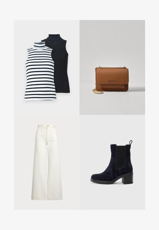 Kaksi hihattomaa korkea kaulaista: yksi valkoinen mustilla raidoilla, toinen täysin musta. Pehmeä ribbikangas, tiukka malli, ilman lisäyksinä.; Reisitaskuhousut vaaleanvalkoisesta denimestä. Korkea vyötärö, napitus, kaksi etutaskua ja kontrastiväriset ompeleet.; Tummansininen mokkanahkasaapas nilkkapituisena, jossa on joustava sivupaneeli, pyöreä kärki ja lohkaremmäinen korko. Teksturoidun kankaan ja sileän pohjan kontrasti tuo lisää ilmettä.; Ruskean teksturoidun nahkasta valmistettu crossbody-laukku, jossa on kultaketjuhihna ja läppäkiinnitys. Edessä on logodetail ja tasku läppäisen alla.