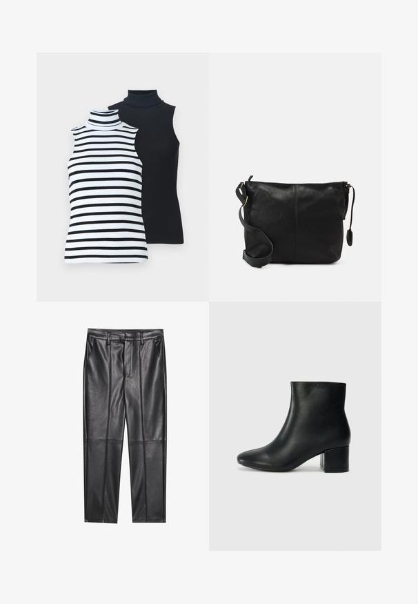 Kaks ilma varrukat turtleneck'i: üks valge mustade triipudega, teine lihtsalt must. Pehme soonikkoes kangas, keha järgi lõigatud, ilma lisadetailideta.; Mustad nahkpüksid sileda tekstuuriga, sirge lõikega, kahe eesmine taskuga ja nähtavate õmblusteta.; Mustad nahast pahkluu saapad terava varbaga ja jämeda kandaga. Sile tekstuur minimaalse aktsentidega ja stiilne, lihvitud disain.; Must värvi nahast ristiõlakott, millel on lame kuju, kuldne metallist detailide aktsent ja reguleeritav rihm. Sile tekstuur väheste õmblusdetailidega.
