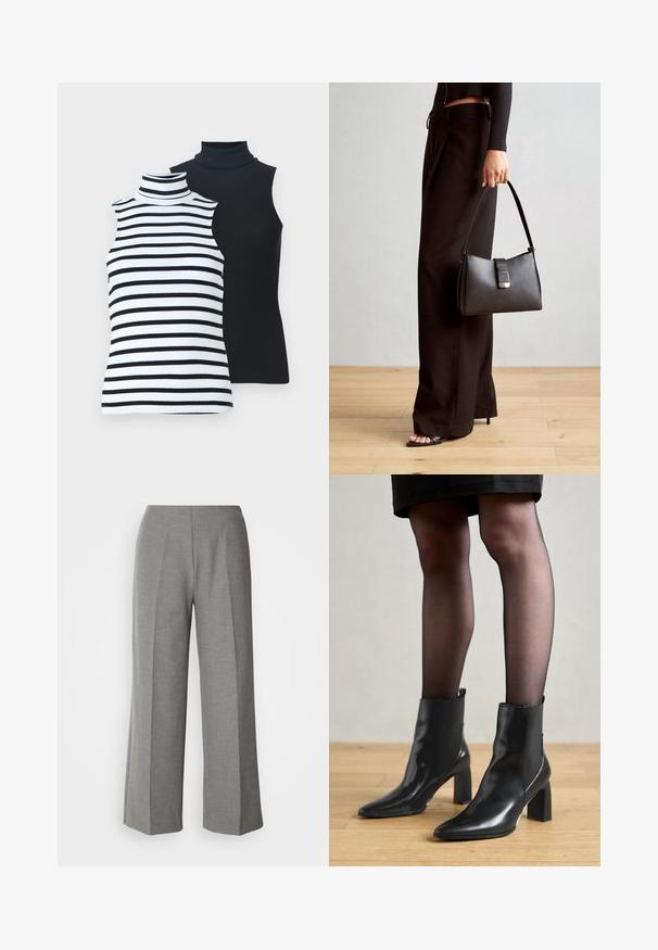 Two sleeveless turtlenecks: one white with black stripes, the other solid black. Soft ribbed fabric, fitted shape, no additional details.; Gray tailored wide-leg pants with a smooth texture, featuring a flat front and crisp crease lines on each leg.; Black leather ankle boots with a pointed toe, chunky square heel, and sleek design. Features elastic side panels for easy wear.; Black handbag with structured shape, smooth texture, and a metallic clasp. Paired with wide black pants and open-toe sandals on wooden floor.
