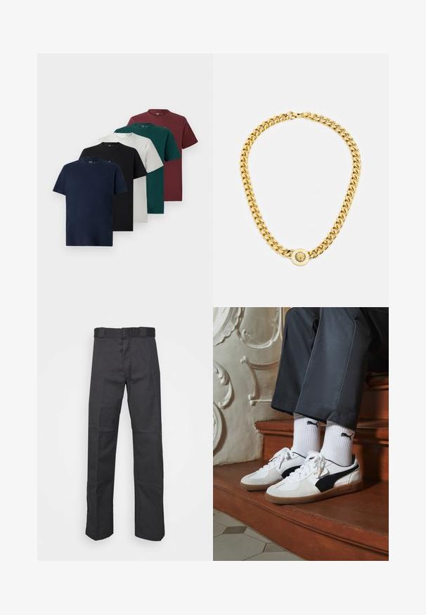 Pět jednoduchých triček s kruhovým výstřihem v námořnické, černé, bílé, tmavě zelené a vínové barvě, uspořádaných v kaskádovém překrývajícím se uspořádání.; Černé kalhoty vyrobené z odolné látky, s rovnými nohavicemi, pasem s poutky na opasek a švy pro větší texturu.; Puma tenisky v bílé a černé semišové úpravě, s hnědou gumovou podrážkou. Kombinované s bílými ponožkami, na kterých je černé logo, nošeny s tmavými kalhotami.; Zlatý řetězový náhrdelník s velkými propletenými články, zdobený kruhovým přívěskem se zvýšeným emblémem uprostřed.