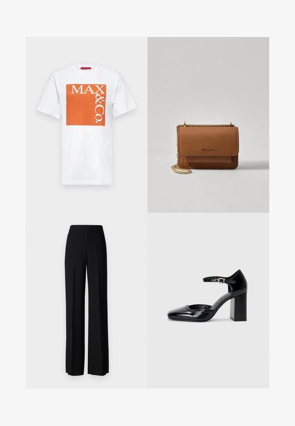 MAX&Co. TEE - Tričko s potlačou - orange; Čierne široké nohavice s hladkým povrchom, s vysokým pásom a stredovými skladmi. Žiadne viditeľné vzory ani hardvérové detaily.; Čierne lakované dámske topánky na vysokom opätku so štvorcovou špičkou, remienkom okolo členku a masívnym opätkom. Obsahuje perforované detaily pozdĺž lemu.; Hnedá textúrovaná kožená taška cez telo s zlatým reťazovým popruhom a preklopným uzáverom. Predná strana obsahuje detail s logom a vrecko pod preklopkou.