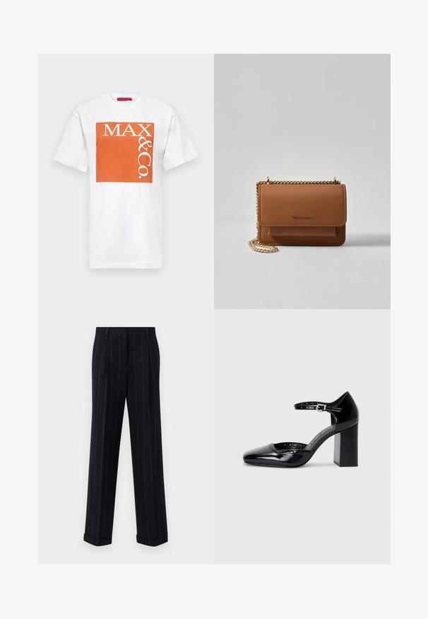 MAX&Co. TEE - T-shirts med print - orange; Svarte pinstripede bukser med en tilpasset passform, som har en oppbrett på bunnen og frontfolder. Laget av glatt stoff med en strukturert design.; Sorte lakk lær høye hæler med firkantet tå, ankelrem og chunky hæl. Inkluderer perforerte detaljer langs kanten.; Brun teksturert lær crossover-veske med gullkjede-stropp og klaffelukking. Fronten har logo-detalj og en lomme under klaffen.