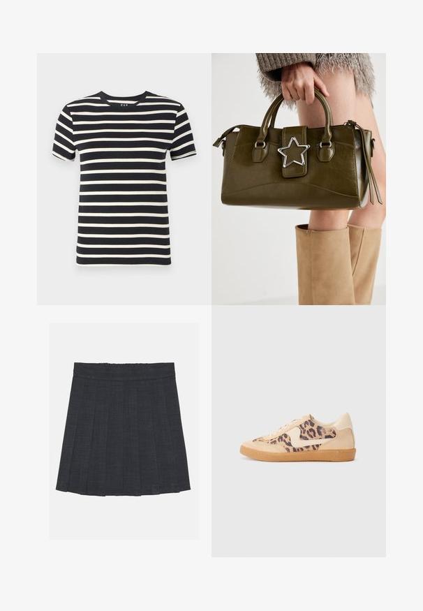 Navy blue t-shirt with horizontal cream stripes, round neckline, short sleeves, and soft cotton material. Edges are cleanly finished.; Dark gray pleated skirt with an elastic waistband, featuring a textured fabric and a classic A-line silhouette. Suitable for casual wear.; Leopard print sneakers with beige suede upper, tan rubber sole, and white accents. Round toe and lace-up design with a textured finish.; Olive green faux leather handbag with silver star accent, dual handles, and a zip closure. Textured surface and structured shape.