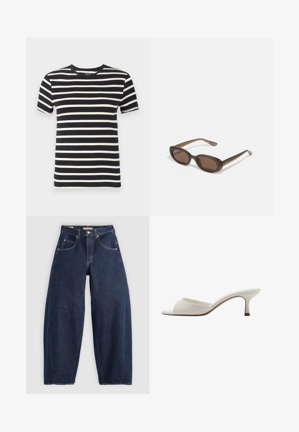 Marineblaues T-Shirt mit horizontalen cremefarbenen Streifen, runder Ausschnitt, kurzen Ärmeln und weichem Baumwollmaterial. Die Kanten sind sauber verarbeitet.; Dunkelblaue Denim-Jeans mit lockerer Passform, heller Naht, fünf Taschen und einem Knopfverschluss am Bund.; Weiße, offene High-Heel-Mules mit glatter Oberfläche, minimalistischer Gestaltung und schlankem Absatz, ausgestattet mit einem subtilen braunen Akzent auf der Sohle.; Braune ovale Sonnenbrillen mit dunklen Gläsern. Das Gestell besteht aus einem transparenten braunen Material und hat ein auf den Bügeln aufgedrucktes Logo.
