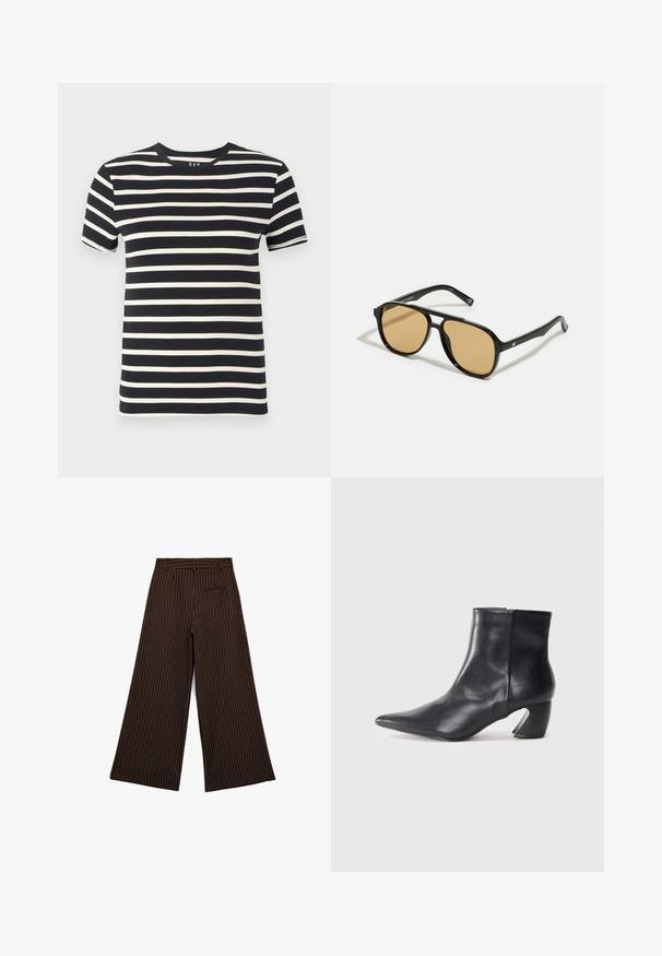 Camiseta azul marino con rayas horizontales color crema, cuello redondo, mangas cortas y material de algodón suave. Los bordes están acabados de manera limpia.; Pantalones de pierna ancha marrones con rayas blancas, que cuentan con una cinturilla, presillas para cinturón y un bolsillo trasero. Textura suave y diseño ajustado.; Botín de piel negra hasta el tobillo con punta afilada, silueta esbelta y un distintivo tacón geométrico. Textura suave con cremallera lateral.; Gafas de sol negras con lentes de color marrón; forma rectangular con un marco grueso, incluyendo sutiles acentos de hardware en las patillas.