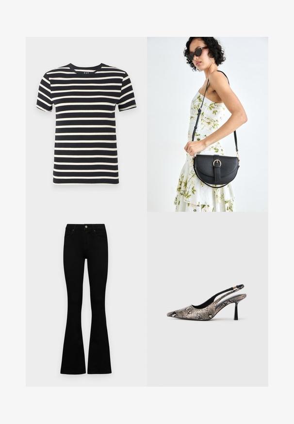 Navy blue t-shirt with horizontal cream stripes, round neckline, short sleeves, and soft cotton material. Edges are cleanly finished.; Black high-waist jeans with a button and zip closure, front pockets, and flared legs laid flat on a white background.; Pointed-toe slingback shoes made of textured snake print material, featuring a slender black heel and a cutout design on the sides.; Black leather handbag with a curved shape, detachable strap, and gold hardware. The bag features a flap with a buckle detail.