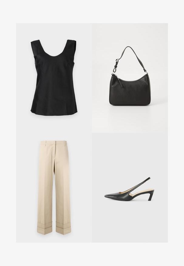 Top nero senza maniche con scollo rotondo, realizzato in un tessuto liscio e leggermente lucido, con orlo svasato.; Pantaloni beige con vestibilità dritta, caratterizzati da un doppio risvolto all'orlo e un design frontale piatto. Realizzati in tessuto liscio e resistente.; Scarpa slingback nera con punta affilata e tacco basso, realizzata in pelle liscia e con un design a taglio laterale per favorire la traspirabilità.; Borsa a tracolla in pelle nera con forma curva, una tracolla singola, chiusura con zip e marchio discreto sul fronte. Texture liscia, design minimalista.