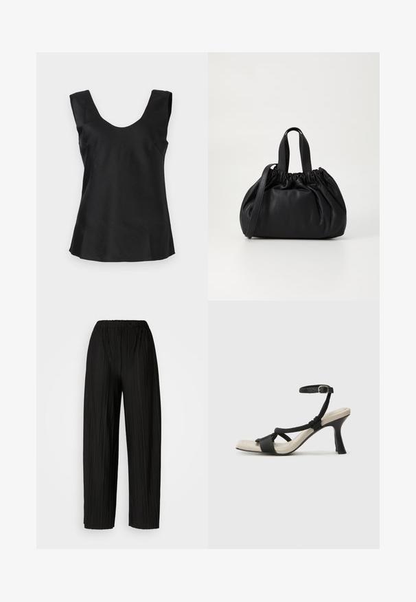 Crna majica bez rukava s okruglim izrezom, izrađena od glatkog, blago sjajnog materijala s proširenim rubom.; Crne široke hlače s nabranim nogavicama i elastičnim pojasom. Tkanina ima vertikalne nabore i glatku teksturu.; Crne sandale na visokom potpetici s dizajnom pletenih trakica, kvadratnim vrhom i podešivom trakicom oko gležnja. Svijetlosmeđi ulošci s sjajnim crnim potpeticama.; Crna kožna torba s nabranim dizajnom na vrhu, s dva kratka ručka i dugim podesivim remenom. Glatka tekstura, zaobljen oblik.