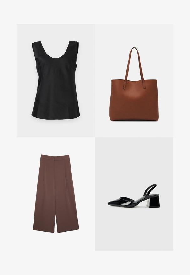 Black sleeveless top with a rounded neckline, featuring a smooth, slightly glossy fabric and a flared hemline.; Brown wide-leg trousers with a smooth texture, featuring a high waist and front pleats. The fabric is lightweight and flows loosely.; Black patent leather slingback heels with a pointed toe and a geometric block heel. Features a sleek, minimal design and smooth texture.; Brown leather tote bag with a smooth texture, open top design, and two shoulder straps. Features minimal stitching and no visible hardware.