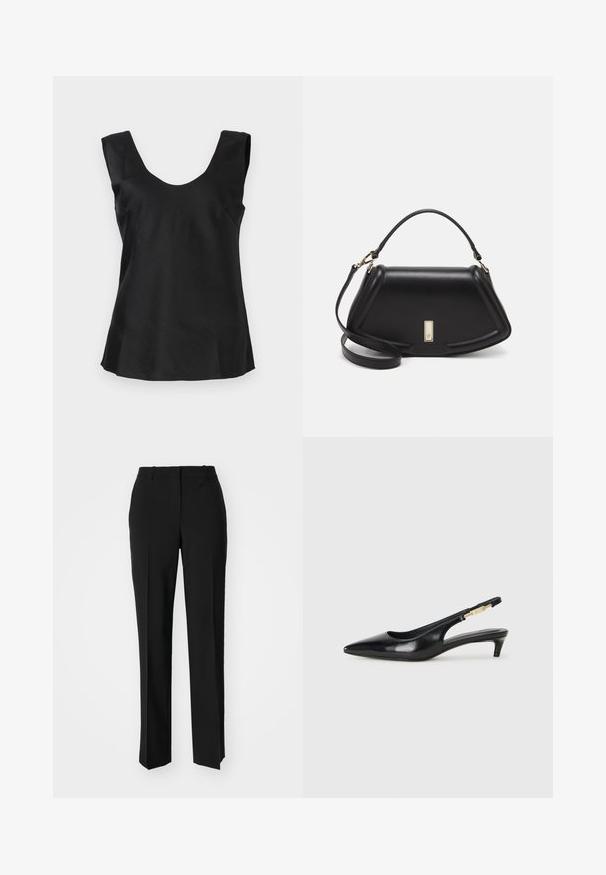 Schwarzes ärmelloses Top mit rundem Ausschnitt, aus einem glatten, leicht glänzenden Stoff gefertigt und mit einem ausgestellten Saum.; Schwarze, taillierte Hose mit geradem Bein, aus einem glatten Stoff und mit klaren Falten an der Vorderseite. Keine sichtbare Hardware.; Schwarze Leder-Slingback-Pumps mit spitzem Schuhblatt, ausgestattet mit einem schlanken Absatz und einem goldfarbigen Akzent am verstellbaren Riemen. Glatte Textur.; Schwarze Lederhandtasche mit einem strukturierten Design, das eine verkürzte Form, einen oberen Griff und goldfarbene Hardware-Details aufweist. Verstellbarer Schulterriemen ist enthalten.