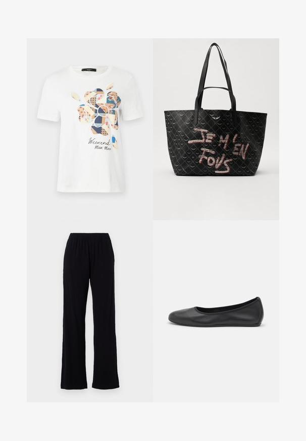 Fehér pamut póló, színes virágmintás díszítéssel, különböző mintákkal. Az "Weekend Max Mara" felirat alatta olvasható.; Fekete, könnyű, rugalmas derekú nadrág egyenes szabással. Puha tapintású, látható minták vagy díszítések nélkül. Egyszerű és sokoldalú stílus.; Fekete bőr balettcipő lekerekített orral, sima tekstúrával, minimális varrással és rugalmas talp kialakítással.; Fekete vászontáska struktúrált anyagból, gyémántmintázattal, vállpántokkal és merész piros-fehér felirattal, ami azt mondja: "JE M'EN FOUS."