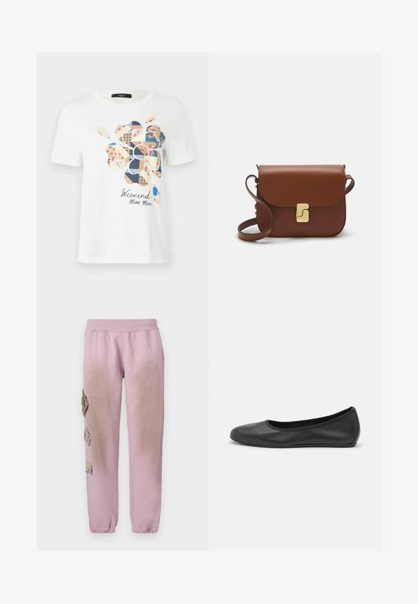 Biała bawełniana koszulka z kolorowym wzorem łatki kwiatowej z różnymi motywami. Poniżej znajduje się napis "Weekend Max Mara".; Różowe dresy z elastycznym pasem, zdobione dekoracyjnymi łatkami w kształcie diamentów po lewej stronie oraz elastycznymi mankietami na kostkach.; Czarne skórzane baletki z zaokrąglonym noskiem, gładką fakturą, minimalnymi przeszyciami i elastycznym designem podeszwy.; Brązowa skórzana torebka na ramię z klapką, złotymi detalami, paskiem na ramię i gładką teksturą. Kompaktowy prostokątny kształt.