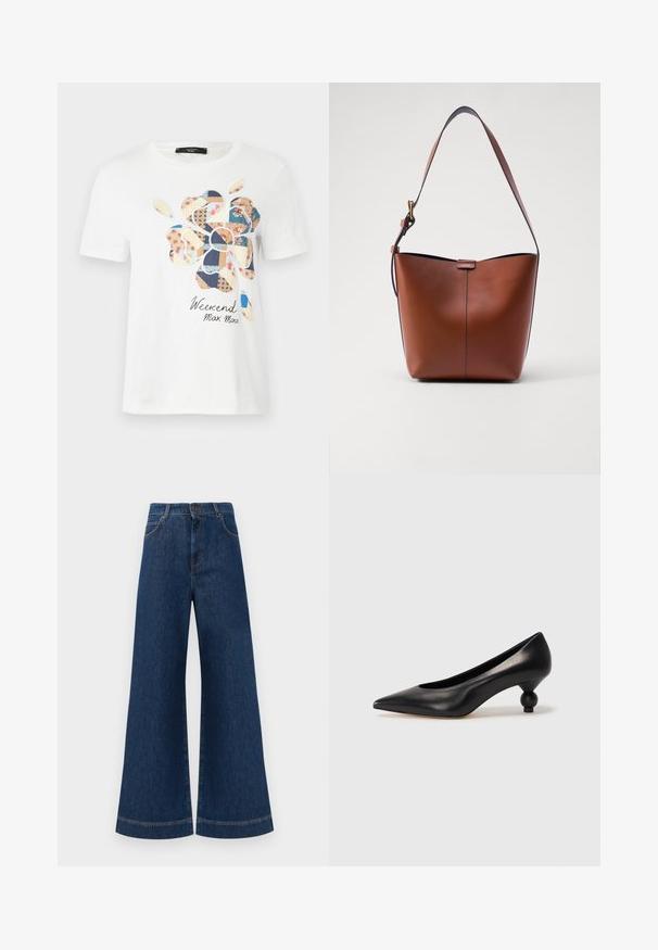 Vit bomull t-shirt med en färgglad blommönsterdesign med olika mönster. Texten "Weekend Max Mara" är tryckt nedanför.; Bredda blå denimjeans med hög midja, med knappstängning, bältesögglor och subtila sömdetaljer längs fickorna och fållarna.; Svart läderhögklackad sko med spetsig tå och rund, bollformad klack. Slät yta med en elegant, minimalistisk design.; Brun läderaxelväska med en böjd form, slät yta och ett enda tunt band. Har en subtil söm och en liten logotypdetalj.