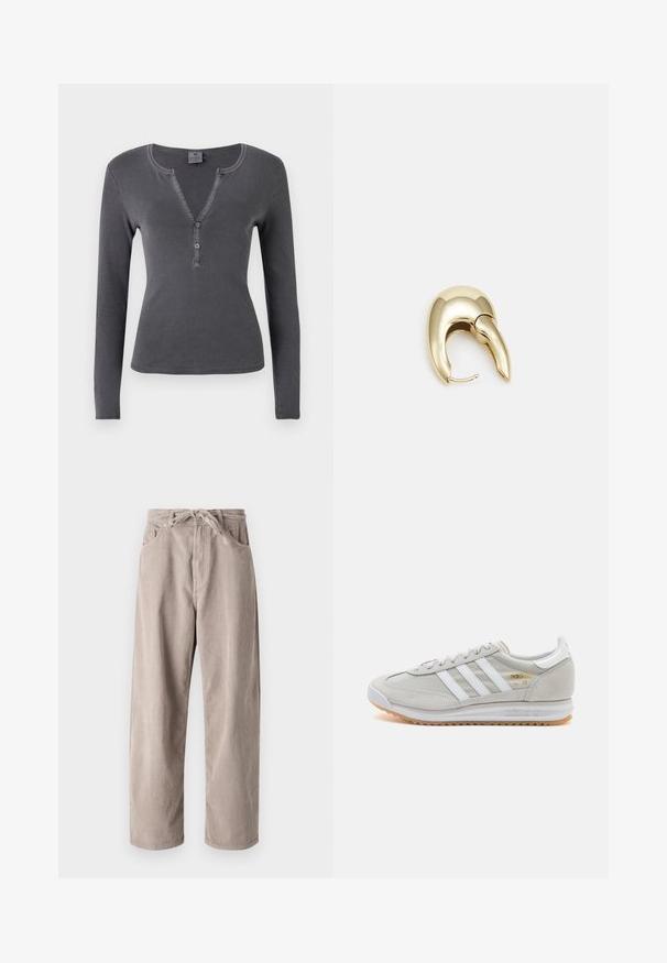 Tricou cu mânecă lungă, de culoare gri închis, cu o croială din rib, decolteu în V, și sistem de închidere cu trei butoane, design ajustat. Textură moale și netedă, cu cusături minime.; Pantaloni bej din catifea cu un croi lejer, având un talie cu șnur, două buzunare frontale și o textură verticală cu rigle.; Tenis light grey din suede și plasă, cu trei dungi albe, vârf rotund și o talpă din cauciuc gumă. Accente de logo aurii lângă șireturi.; Cercei din metal de culoare aurie cu un design elegant și curbat. Prezintă o formă distinctivă, ascuțită, o suprafață lustruită și un sistem de închidere cu balama.
