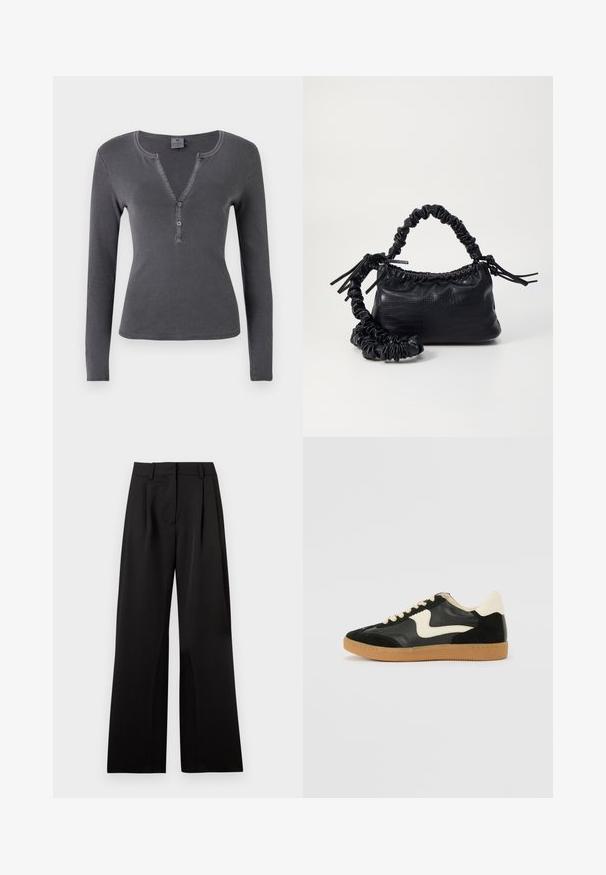 Long-sleeved, dark grey ribbed top with a V-neckline, three-button placket, and fitted design. Soft, smooth texture with minimal stitching.; Black wide-leg trousers with a smooth texture, featuring front pleats, a flat waistband, and belt loops. Simple, tailored design.; Black suede and leather sneaker with a cream side swoosh and light cream heel. Features beige laces and a gum rubber outsole.; Black faux leather handbag with a crocodile texture, cinched top, and a scrunched strap. Appears soft and compact in design.