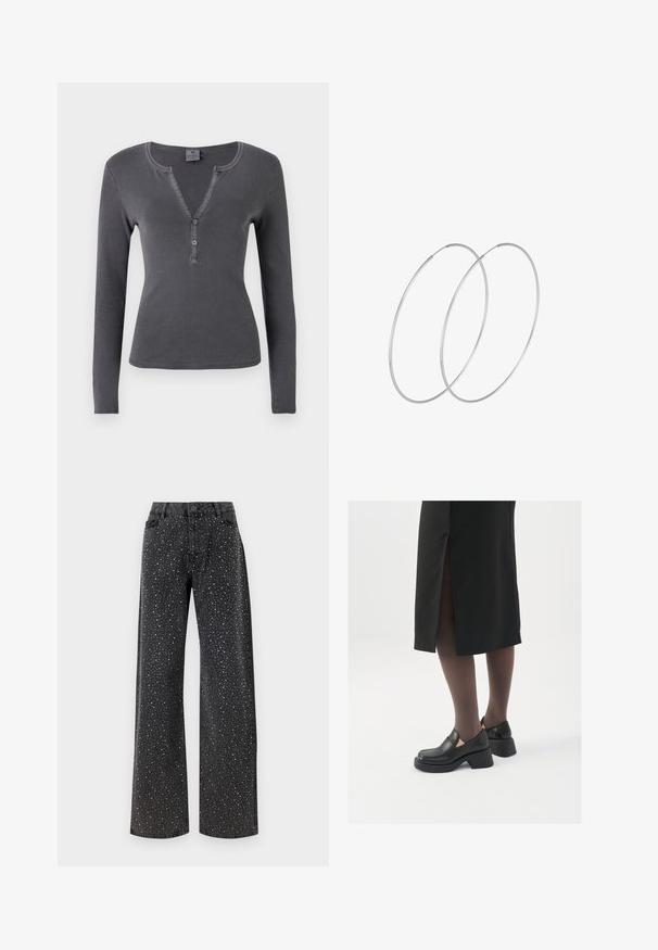 Dlouhý rukáv, tmavě šedý žebrovaný top s výstřihem do V, tříknoflíkovou légou a přiléhavým střihem. Měkká, hladká textura s minimem švů.; Noisy May NMJANNEL LOOSE - Džíny Relaxed Fit - black denim; Černé kožené boty s kulatou špičkou, silným blokovým podpatkem a elastickými bočními akcenty, spárované s tmavými punčochami a černou sukní se rozparkem.; Stříbrné kruhové náušnice s minimalistickým designem. Kruh, hladký povrch a tenký profil. Lehká konstrukce s lesklým povrchem.