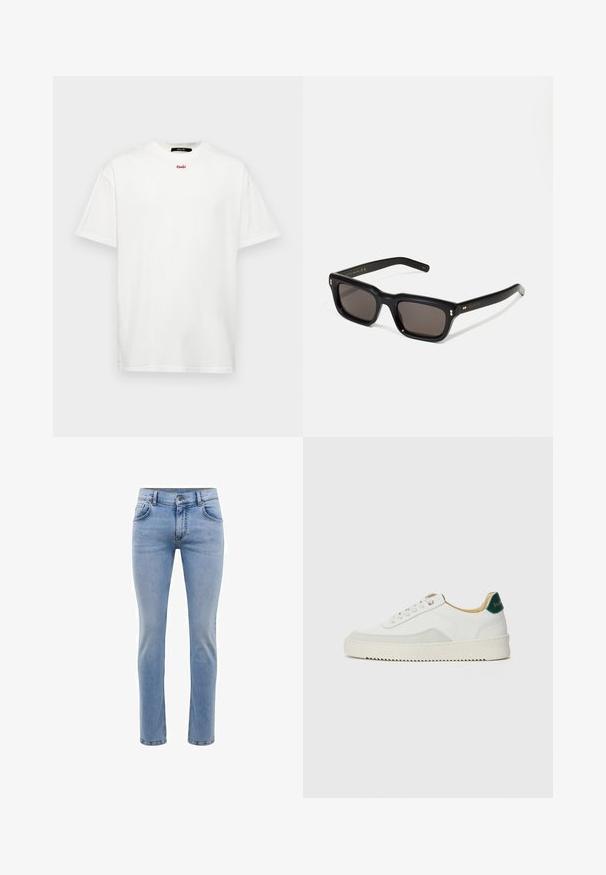 Ksubi STITCH UP TEE VINTAGE - Jednoduché tričko - white; Svetle modré džíny z denimu s úzkým střihem, pět kapsami a rovnými nohavicemi. Obsahují zip a poutka na opasek. Měkká textura.; Bílé tenisky se semišovými prvky, kulatou špičkou, plochými tkaničkami a krémovou gumovou podrážkou. Na patě mají zelené logo.; Černé obdélníkové sluneční brýle s tmavými skly, silným plastovým rámem, zlatými akcenty na spáncích a vyrytým logem značky na nožičce.
