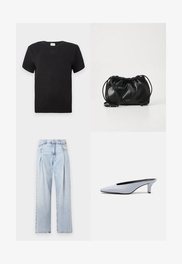 Svart kortermet t-skjorte med rund hals, med subtilt brodert Calvin Klein-logo sentrert på brystet, enkel design på hvit bakgrunn.; Lyseblå denimjeans med høy livlinje, vide ben, to sidelommer og plisserte detaljer. Myk tekstur med en falmet finish.; Lys blå patentlær mule med spiss tå, lav gjennomsiktig hæl og en elegant design med utskjæring på vampen.; Svart lærveske med samlet design, dobbel snoråpning og avtagbar skulderrem. Har metallisk logodetalj.