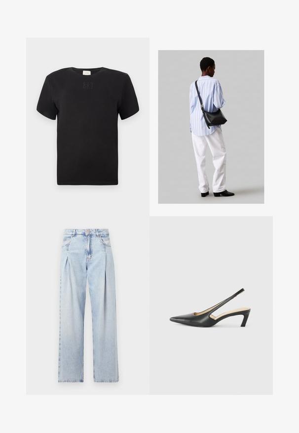 Černé tričko s krátkým rukávem a kulatým výstřihem, se subtílně vyšitým logem Calvin Klein uprostřed na hrudi, jednoduchý design na bílém pozadí.; Světlé modré džíny z denimu s vysokým pasem, širokým střihem, dvěma bočními kapsami a nařaseným designem. Měkká textura s vybledlým povrchem.; Černý špičatý slingback s nízkým podpatkem, vyrobený z hladké kůže, s výřezem na boku pro lepší prodyšnost.; Černá kožená kabelka přes rameno s jemnou texturou, trojúhelníkovým tvarem a nastavitelným popruhem, v kombinaci se světle modrou pruhovanou košilí a bílými kalhotami.
