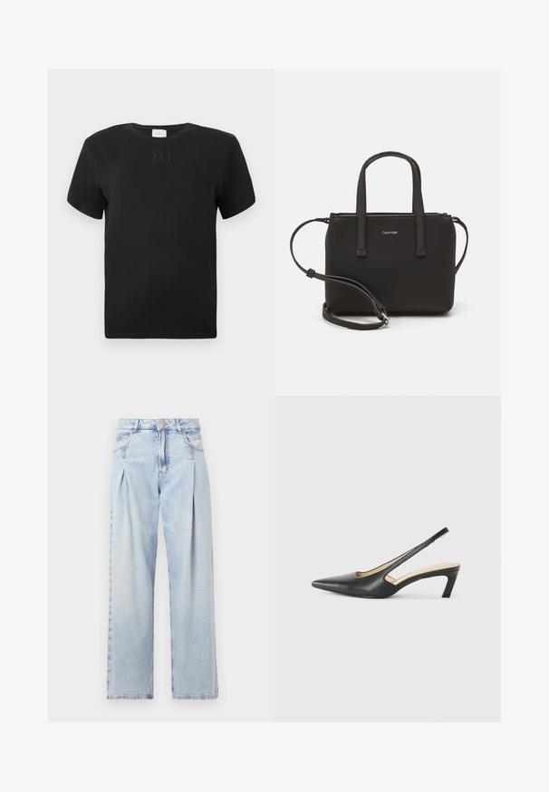 Črna majica s kratkimi rokavi in okroglim izrezom, z diskretno vezeno oznako Calvin Klein, ki je postavljena na sredini prsnega dela, enostaven dizajn na beli podlagi.; Svjetloplave traperice visoko struka, širokog kroja, s dva bočna djepa i naboranim dizajnom. Mekana tekstura s izblijedjelim završetkom.; Črne čevlje s koničastimi nosovi in slingback obliko z nizko peto, izdelane iz gladke usnjene materiale ter s črtasto zasnovo na strani za prezračevanje.; Črna torbica z dvema kratkima ročajema in odstranljivim naramnim trakom. Gladek usnju podoben material z zadrgo in podrobnostmi z logotipom.