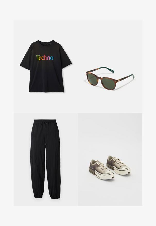 Mustapaitapaita, jossa on lyhyet hihat ja "Techno" painettuna suurilla, värikkäillä kirjaimilla rinnan yli, kaula-aukolla on hienostunutta kulumaa.; Mustat, kevyet urheiluhousut, joissa on joustava vyötärö, säädettävä naru ja kavennetut nilkat. Sisältää huomaamattoman logon.; Matala varren tennarit, jotka on valmistettu teksturoiduista harmaista ja beigen sävyistä materiaaleista, valkoisilla kumipohjilla, nauhoilla ja brändätyillä yksityiskohdilla sivussa.; Kilpikonnakuosis aurinkolasit, joissa on vihreät linssit, pyöreä muoto, kultaiset yksityiskohdat ja tummanvihreät sankat, joissa on valkoinen raita.