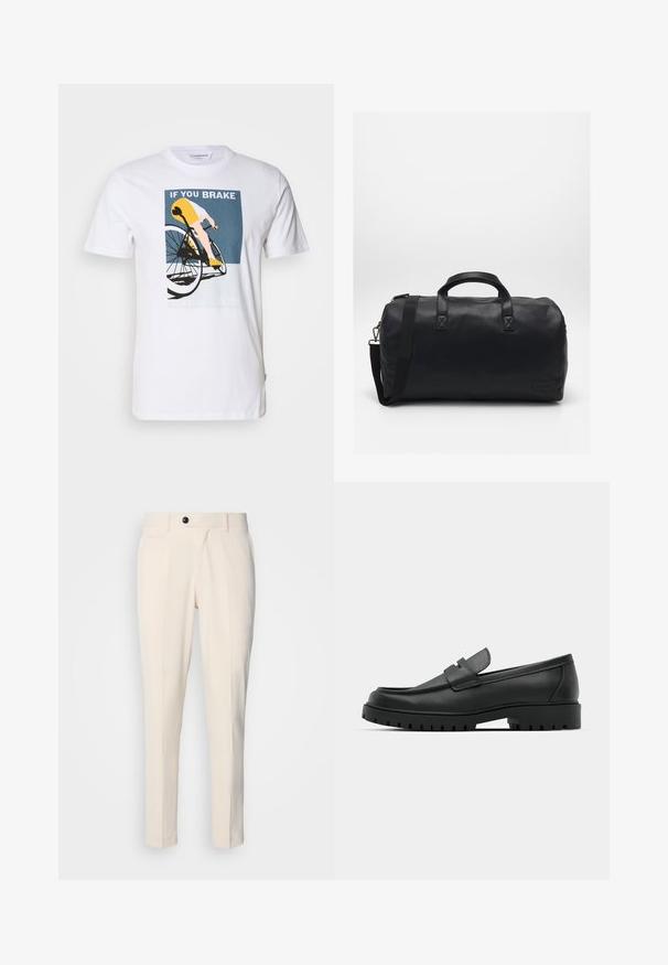 Vit bomullströja med en cykelgrafik. Designen inkluderar en cyklist i gult och blått med texten: "OM DU BRAKEAR VINNER DU INTE."; Beiga skräddarsydda byxor med platt front, enkel knappstängning och två sneda sidofickor. Slätt tyg med smal passform och avsmalnande ben.; Svarta lädersneakers med rund tå, med en sydd design, låg plattformssula och en texturerad, mönstrad gummisula.; Svart Duffelväska gjord av texturerat syntetiskt material. Har två handtag och en justerbar axelrem. Enkel design utan synliga mönster.
