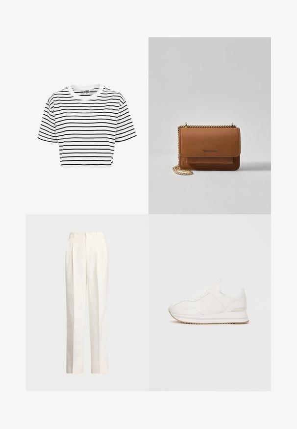Valge lühikese varrukaga lühike t-särk mustade horisontaalsete triipudega, ümmargune kaelus. Valmistatud puuvillast, sile tekstuur.; Polo Ralph Lauren HEMP WIDE LEG PANT - Püksid - nevis; Valged madalad spordijalatsid, millel on nöörimisega eesmine osa, pehme tallaga ja beež kummist välistald, mille taustal on tasane pind.; Pruun tekstureeritud nahk ristkeha kott kuldse ahelaga rihmaga ja klapiga sulgemine. Esiküljel on logo detail ja tasku klapi all.