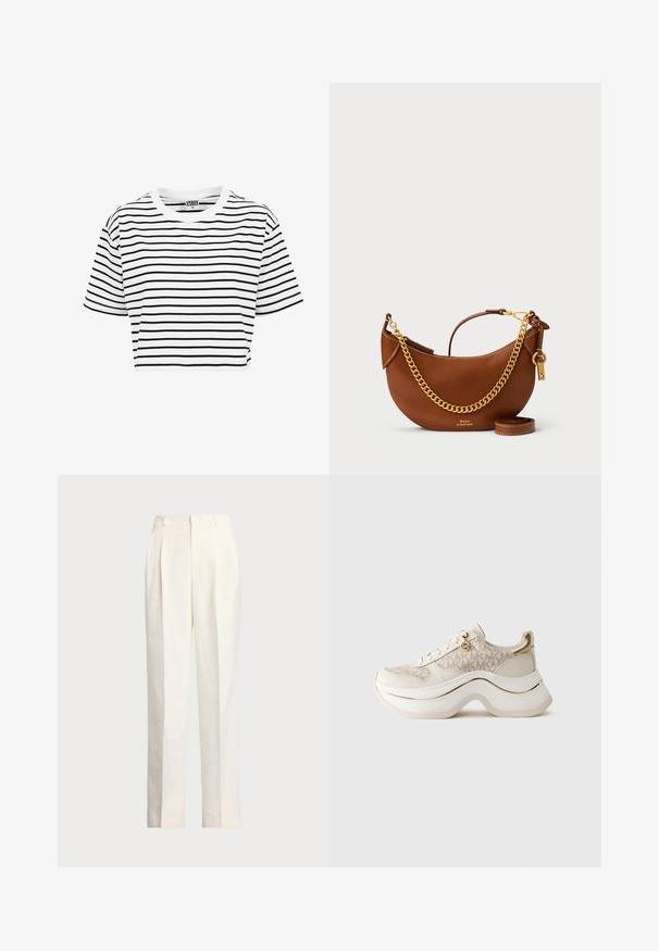 Balta trumpa marškinėliai su juodomis horizontaliomis juostelėmis, apvaliu iškirpimu ir trumpomis rankovėmis. Pagaminti iš medvilninio audinio, lygios tekstūros.; Polo Ralph Lauren HEMP WIDE LEG PANT - Kelnės - nevis; Bežiniai ir auksiniai platforminiai sportbačiai su "MK" raštu, su raišteliais, auksine pakabuke ir storu banguotu padu, prieš paprastą foną.; Ruda odinė rankinė su kreiviu dizainu, auksinės grandinėlės dirželiu, vidiniu kišeniu ir nuimamu peties dirželiu. Yra kontrastingų siūlių.