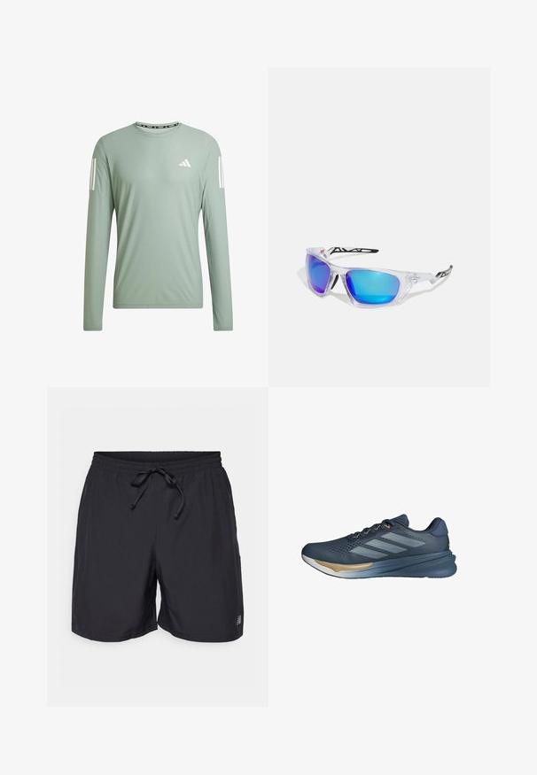 adidas Performance OWN THE RUN - Langarmshirt - silgrn; Schwarze Shorts mit elastischem Bund, verstellbarem Kordelzug und kleinem reflektierenden Logo am linken Bein.; adidas Performance SUPERNOVA STRIDE 2 - Laufschuh Straße - preloved ink cloud white dark blue; Sportsonnenbrille mit transparentem Rahmen, blau-lila verspiegeltem Glas, kantigem Design und schwarzen Akzenten an den Bügeln.