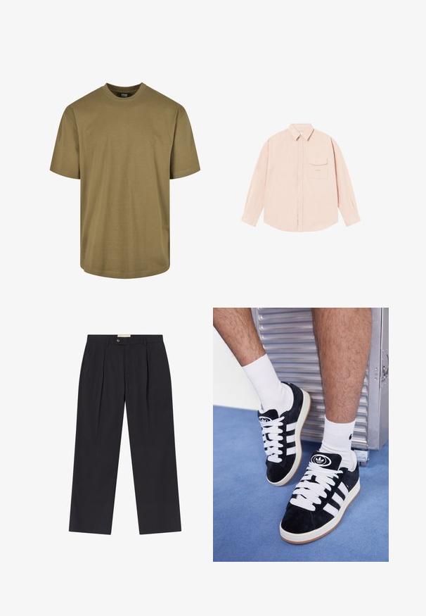 Tricou verde măsliniu, cu mânecă scurtă, guler rotund, fabricat din material de bumbac, cu un design simplu, fără modele sau accente.; Cămașă roz deschis cu mâneci lungi, fabricată dintr-un material moale, având un guler tip buton, un buzunar frontal și un logo brodat subtil pe piept.; Pantaloni navy închis, personalizați, cu talie înaltă, două plisse frontale, închidere cu nasture și picioare drepte, confecționați dintr-un material neted.; Adidași negri din suede cu șireturi albe și trei dungi albe. Au un logo circular negru pe limbă și o talpă din cauciuc de tip gumă.