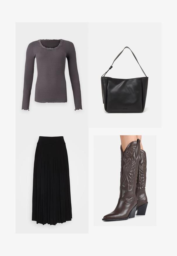 Rosemunde BABETTE U NECK - Longsleeve - magnet; Zwarte plissé rok met een hoge, elastische tailleband. Gemaakt van zachte stof, met verticale plooien voor een vloeiende silhouet.; Bruine leren cowboylaarzen met een spitse neus en blokhak, voorzien van gedetailleerde stiksels en verhoogde accenten op de schacht.; Calvin Klein GRACIE MEDIUM - Handtas - black