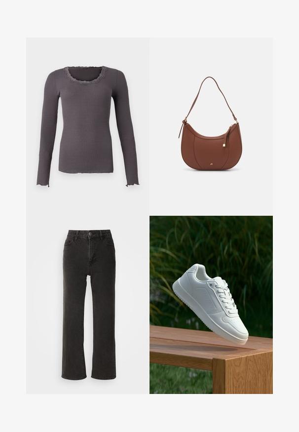 Rosemunde BABETTE U NECK - Top s dlouhým rukávem - magnet; Černé džínové kalhoty s širokými nohavicemi, s předním zapínáním na knoflík, poutky na opasek a pěti kapsami, s mírně vybledlou texturou.; Bílé tenisky s hladkým syntetickým svrškem, perforovanou špičkou, plochými tkaničkami a texturovanou podrážkou, vystavené na dřevěném povrchu.; Hnědá kabelka přes rameno z umělé kůže s zakřiveným tvarem, minimálním prošíváním a zlatým kovovým akcentem. Disponuje vrchním zipovým uzavíráním a nastavitelným popruhem.