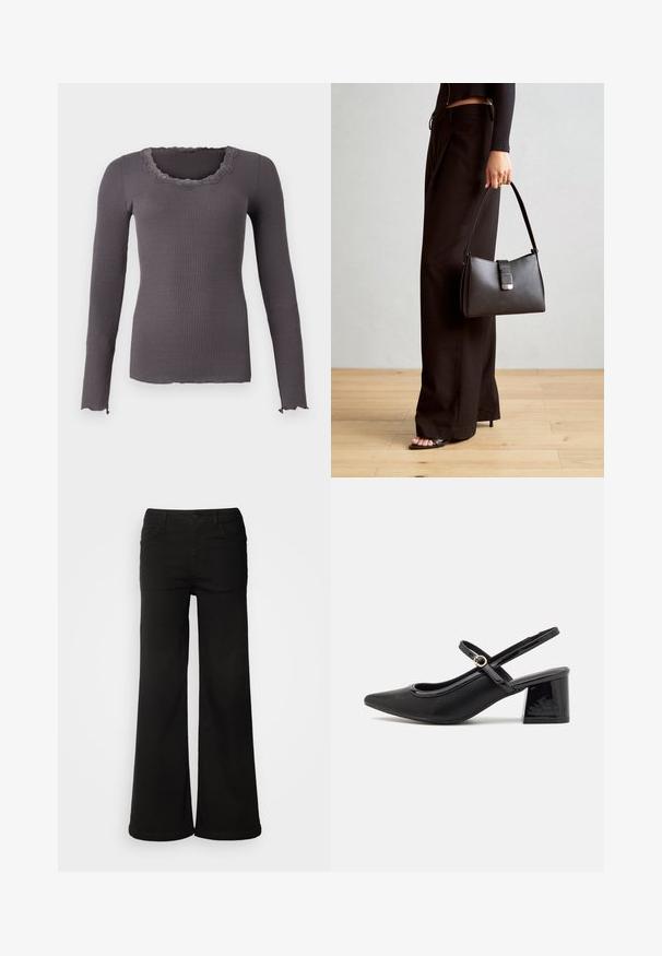 Rosemunde BABETTE U NECK - Langarmshirt - magnet; Schwarze, weit geschnittene Jeanshose aus Denim, mit vorderen Taschen, Knopfverschluss und einer glatten Textur mit sauberem Finish.; Schwarze Lackleder-Slingback-Absätze mit spitzer Zehenform, einem runden Ausschnitt-Design und einem Blockabsatz. Mit einem goldfarbenen Schnallenakzent.; Schwarze Handtasche mit strukturierter Form, glatter Textur und einem metallischen Verschluss. Kombiniert mit weiten schwarzen Hosen und offenen Sandalen auf einem Holzboden.