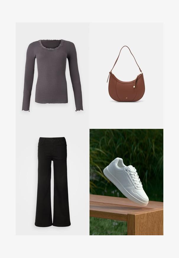 Rosemunde BABETTE U NECK - Top s dlhým rukávom - magnet; Čierne široké nohavice z denimu, s prednými vreckami, zapínaním na gombík a hladkou textúrou s čistým zakončením.; Biele tenisky s hladkým syntetickým zvrškom, perforovanou špičkou, plochými šnúrkami a textúrovanou podrážkou, vystavené na drevenej ploche.; Hnedá umelá kožená taška cez rameno s zakriveným tvarom, minimalistickým šitím a zlatými akcentami. Obsahuje zips na vrchu a nastaviteľný popruh.