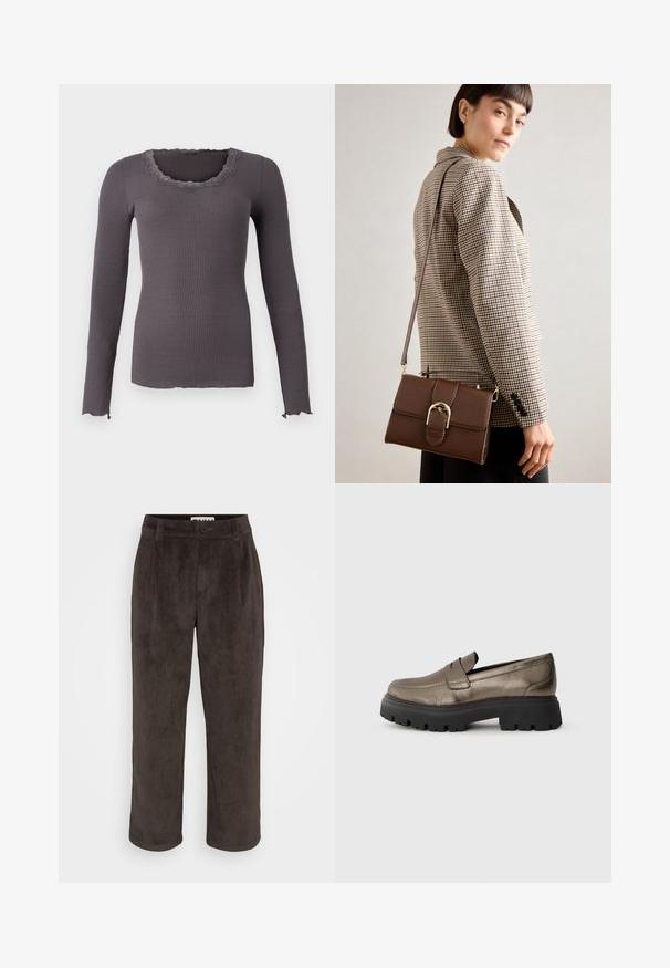 Rosemunde BABETTE U NECK - Hosszú ujjú felső - magnet; Barna kordbársony nadrág, egyenes fazonnal, finom textúrával, elülső gombos záródással és oldalsó zsebekkel.; Fémes olívazöld bőr loaferek kerek orral, fekete vastag gumitalppal és minimális varrási részletekkel a felső részen.; Barna bőr keresztpántos táska arany színű csattal, téglalap alakú, sima felületű és levehető pánttal.