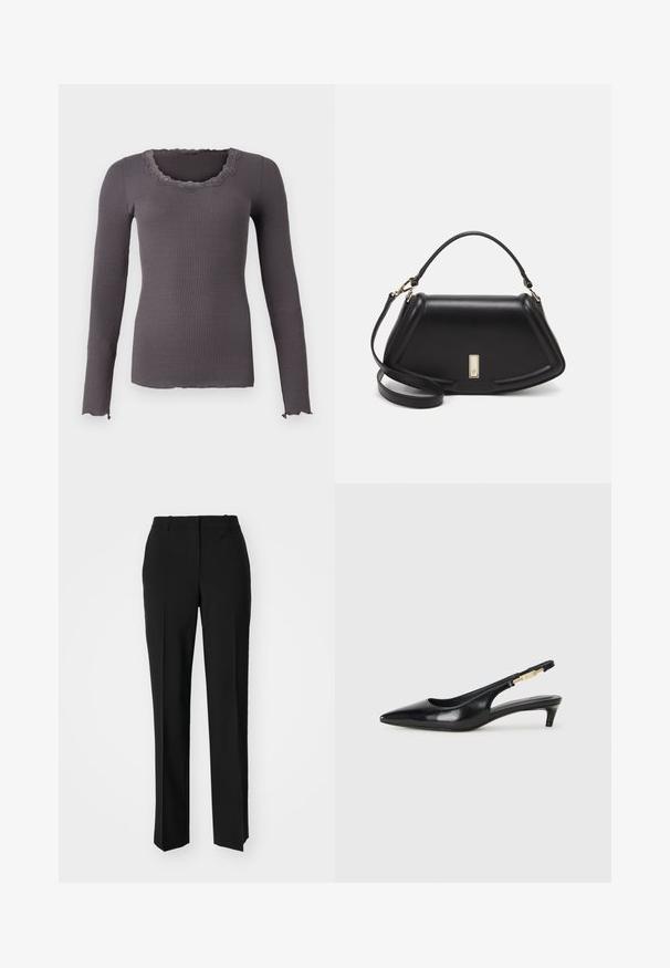 Rosemunde BABETTE U NECK - Long sleeved top - magnet; Black tailored trousers with a straight-leg design, featuring a smooth texture and crisp creases along the front. No visible hardware.; Black leather slingback heels with a pointed toe, featuring a slim heel and a gold-tone accent on the adjustable strap. Smooth texture.; Black leather handbag with a structured design, featuring a cropped shape, top handle, and gold hardware accent. Adjustable shoulder strap included.