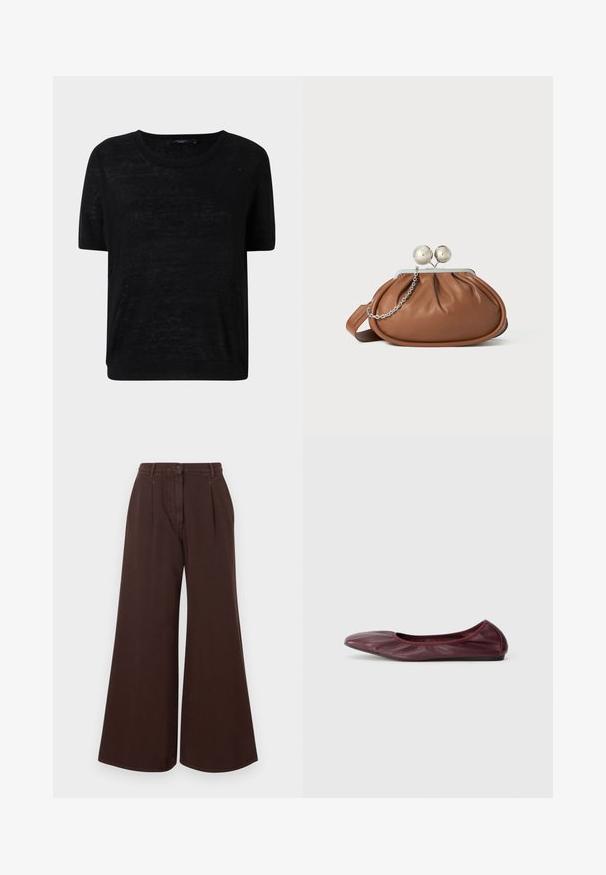 Top nero a maniche corte realizzato in un tessuto leggero e leggermente trasparente, caratterizzato da un collo rotondo e una vestibilità rilassata con dettagli a costine sull'orlo.; Pantaloni brown a vita alta e gamba larga con chiusura a bottoni e cerniera, passanti per cintura e pieghe frontali.; Ballet flat in pelle bordeaux scuro, con punta arrotondata, bordo elasticizzato e superficie liscia con dettagli di pieghe sottili.; Pochette in pelle marrone con chiusura a sfera argentata e un piccolo dettaglio a catena argento su sfondo bianco.
