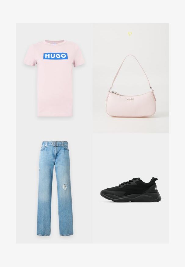 Rozā kokvilnas T-krekls ar īsām piedurknēm, uz priekšpuses ir balts "HUGO" logotips zila taisnstūra fonā. Parasts piegriezums, apaļa kakla izgriezums.; Gaiši zili džinsi ar platu kāju, ar nolietojuma detaļām uz ceļgaliem un klasisku piecu kabatu dizainu ar jostas cilpām.; Melni sporta apavi ar reljefa augšdaļu, auklu aizdari, mīkstu zoli un zīmola akcentu uz papēža.; Rozā ādas somiņa ar izliekta dizaina, ar rāvējslēdzēja aizdari un plecu siksnu. Priekšpusē ir sudraba logs.