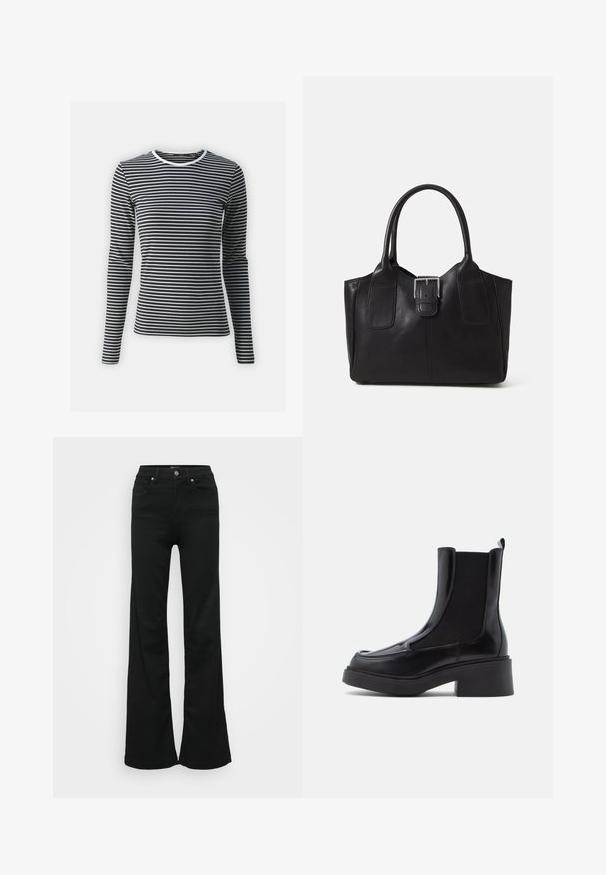 Long-sleeve top in black and white horizontal stripes, featuring a round neckline and ribbed texture. Made from stretchable fabric.; Black flared jeans made from denim, featuring a high waist, five pockets, and metal button closure. Smooth texture with minimal detailing.; Black chelsea boots with a chunky heel, featuring a glossy leather upper and elastic side panels for easy wear. Solid rubber sole.; Black leather tote bag with smooth texture, structured shape, two handles, and a prominent silver buckle detail on the front.