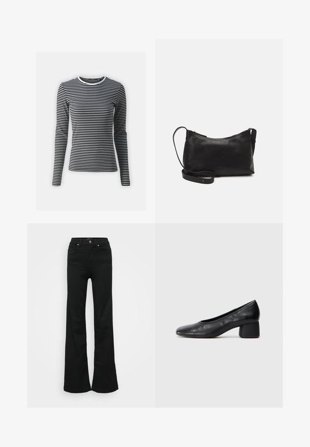 Hosszú ujjú felső fekete és fehér vízszintes csíkokkal, kerek nyakkivágással és bordázott textúrával. Rugalmas anyagból készült.; Fekete, trapéz szabású farmernadrág, magas derékkal, öt zsebbel és fémből készült gombos zárással. Simább textúrájú, minimális díszítéssel.; Fekete bőr magassarkú cipő, lekerekített orral és közepes blokk sarkú. Simább textúrájú, minimális díszítéssel, finom elasztikus nyílással.; Fekete bőr válltáska sima felülettel, ívelt formával, állítható pánttal és cipzáras záródással. Minimalista dizájn díszítmények nélkül.