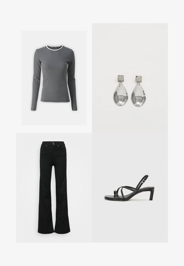 Pikendusega must-valge triibuline t-särk, millel on ümmargune kaelus ja sooniktekstuur. Valmistatud venivast kangast.; Mustad laiad teksapüksid, valmistatud denimist, kõrge vöökoht, viis taskut ja metallist nööpkinnitus. Sujuv tekstuur väheste detailidega.; Mustast rihmajalatsid ruudukujulise varba ja madala ploki kontsaga. Omab mitmeid õhukesi rihmasid ja reguleeritavat pahkluu rihma. Valmistatud siledast nahast.; Hõbedased ripatsid, millel on ruudukujuline studs, siledat ja poleeritud viimistlust ning pisarakuju, peegeldades valgust läikiva pinnaga.