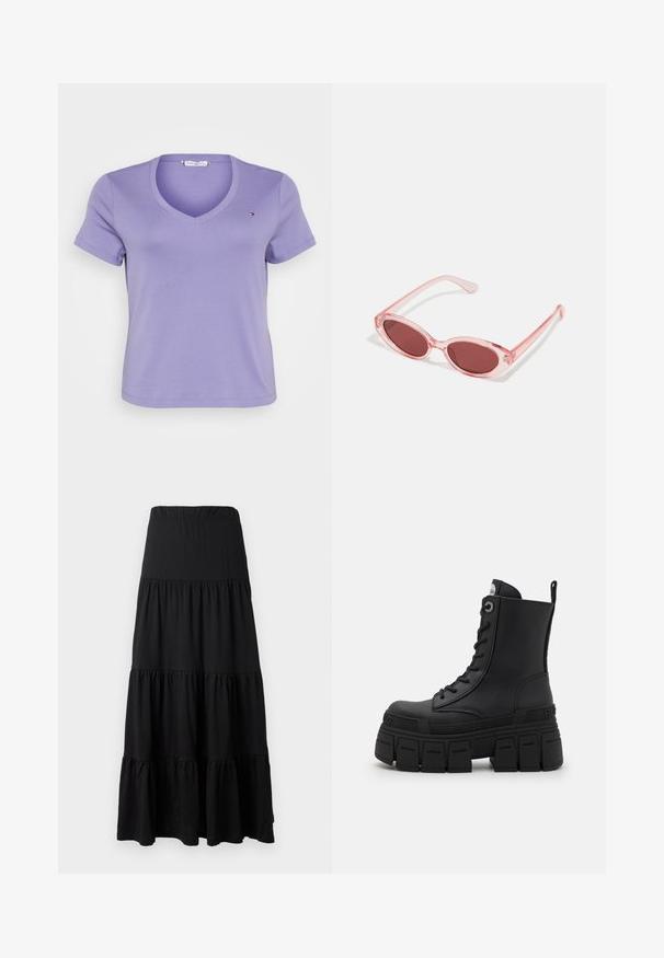 Lilla V-hals t-skjorte laget av myk bomull, med korte ermer og en liten logo på venstre brystområde. Enkel design.; Sorte maxiskjørt laget av mykt stoff, med et lagdelt design, elastisk midjebånd og volanger ved kanten.; Buffalo GOSPHER LACE UP MID - Snørestøvletter - black; Rosa transparente solbriller med ovale linser, mørkerød farge, og slanke armer, med en glatt finish og subtile detaljer på rammen.