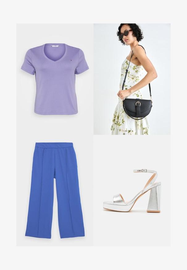 T-shirt roxa com decote em V, feita de algodão suave, com mangas curtas e um pequeno logótipo na área do peito esquerdo. Design simples.; Calças largas feitas de um tecido suave e elástico em azul brilhante. Apresentam uma cintura plana e dois pregas frontais para adicionar um detalhe de design.; Sandálias de plataforma prateadas com uma tira larga no dedo, tira no tornozelo com fivela e um salto chunky. Acabamento metálico suave e design de sola plana.; Bolsa de couro preta com forma curva, alça destacável e detalhes em dourado. A bolsa possui uma aba com detalhe de fivela.