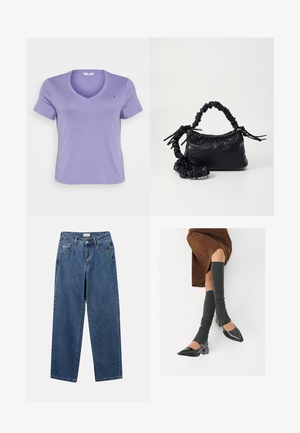 V-izrez majica vijolične barve, izdelana iz mehke bombažne tkanine, z kratkimi rokavi in majhnim logotipom na levem prsnem delu. Preprost dizajn.; Klasične modre jeans hlače s ravnim krojem, petimi žepi in gumbom za zapiranje. Imajo srednje pranje in trdno teksturo.; Črne lakirane čevlje s pointy prsti in blok peto ter z naramnicami za gleženj, ki jih kombiniramo s sivimi rebrastimi nogavicami in rjavim suknjičem iz usnja.; Črna torbica iz umetnega usnja s krokodilovo teksturo, z zvitim vrhom in zmečkano naramico. Zdi se mehka in kompaktna v oblikovanju.