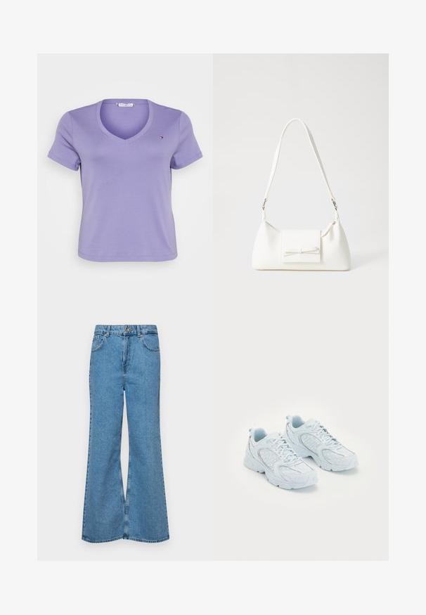 Fialové tričko s výstrihom do V vyrobené z jemnej bavlny, s krátkymi rukávmi a malým logom na ľavej strane hrude. Jednoduchý dizajn.; Svetlomodré rozšírené džínsy vyrobené z denimu, s vysokým pásom, piatimi vreckami a jednopoložkovým zapínaním na gombík. Mäkká textúra s vyblednutým povrchom.; Svetlo modré športové topánky s sieťovinovým a syntetickým zvrškom, s bielymi bodkami a reflexnými prvkami, so šnurovaním a polstrovanou podrážkou.; Biela syntetická kabelka s trojuholníkovým tvarom, plochým predným klapkou a detailom mašle, nastaviteľným popruhom, hladkou textúrou a minimalistickým dizajnom.