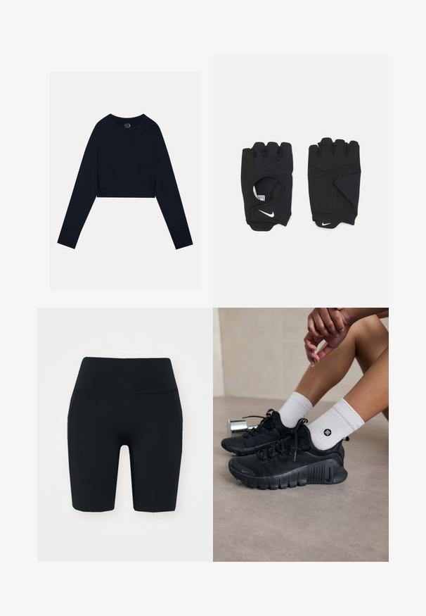 Tengerészkék, rövidített, hosszú ujjú felső, raglán ujjak és kerek nyakú kivágással. Puha, sima textúra, légáteresztő hálós részletekkel az oldalakon.; Fekete, magas derékú bicikliruhák, rugalmas anyagból készült, sima textúrával, oldal zsebekkel és testhezálló kialakítással.; Fekete sportcipők texturált anyagból, fűzős kialakítással és hangsúlyos talppal, fehér bordás zoknikkal párosítva, melyek kis logóval rendelkeznek.; Fekete, ujj nélküli kesztyűk rugalmas anyagból, nyitott tenyér dizájnnal, tapadós részletekkel és fehér Nike logóval.