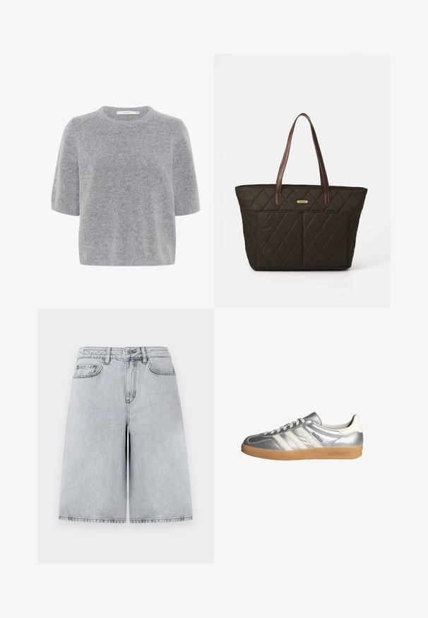 Šedý svetr s krátkým rukávem vyrobený z měkké, texturované tkaniny s kulatým výstřihem a volným střihem. Lehký a univerzální design.; Světle šedé džíny šortky s uvolněným střihem, vysokým pasem, pěti kapsami a rovným střihem. Čisté, minimalistické detaily šití.; Stříbrné tenisky s bílými akcenty, se třemi pruhy, kulatou špičkou a gumovou podešví. Texturovaný metalický materiál.; Pletená tmavě hnědá taška přes rameno s dvěma velkými předními kapsami, koženými držadly a malou zlatou značkovou nálepkou uprostřed nahoře.
