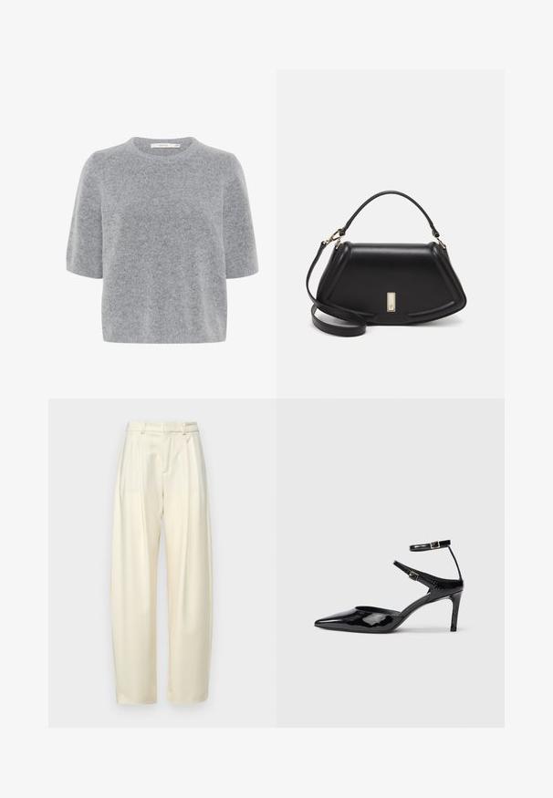 Gray short-sleeve sweater made of soft, textured fabric with a round neckline and a relaxed fit. Lightweight and versatile design.; Pleated, high-waisted trousers in light cream fabric. Features a straight cut and a smooth texture. No pockets or visible hardware.; Black patent leather heels with a pointed toe, adjustable ankle straps, and a slender heel. Smooth texture with a shiny finish.; Black leather handbag with a structured design, featuring a cropped shape, top handle, and gold hardware accent. Adjustable shoulder strap included.